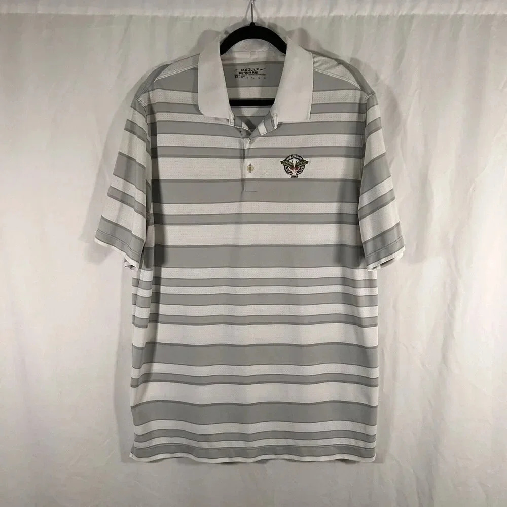 Nike Golf Hollywood Golf Club Polo Shirt Men's XL Grey Striped Short Sleeve